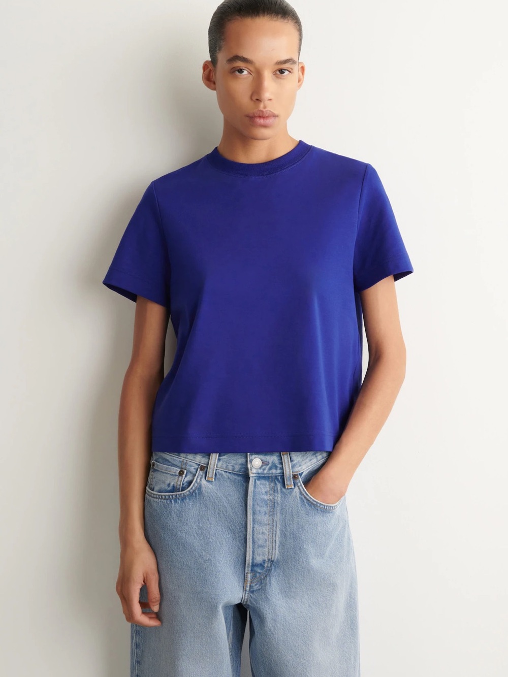 NWT Cotton Women's Cobalt Blue Crewneck Short Sleeve Top